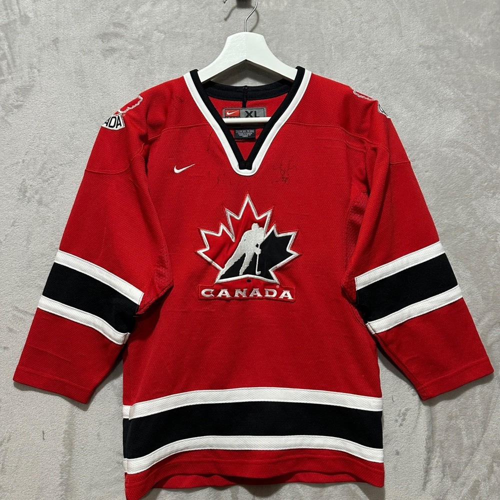 Vintage Nike Team Canada Hockey Jersey Youth XL Red Black White V-Neck SP-02-BLM